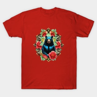 Alabama State Black Bear Surrounded by Camellia And Hydrangea T-Shirt